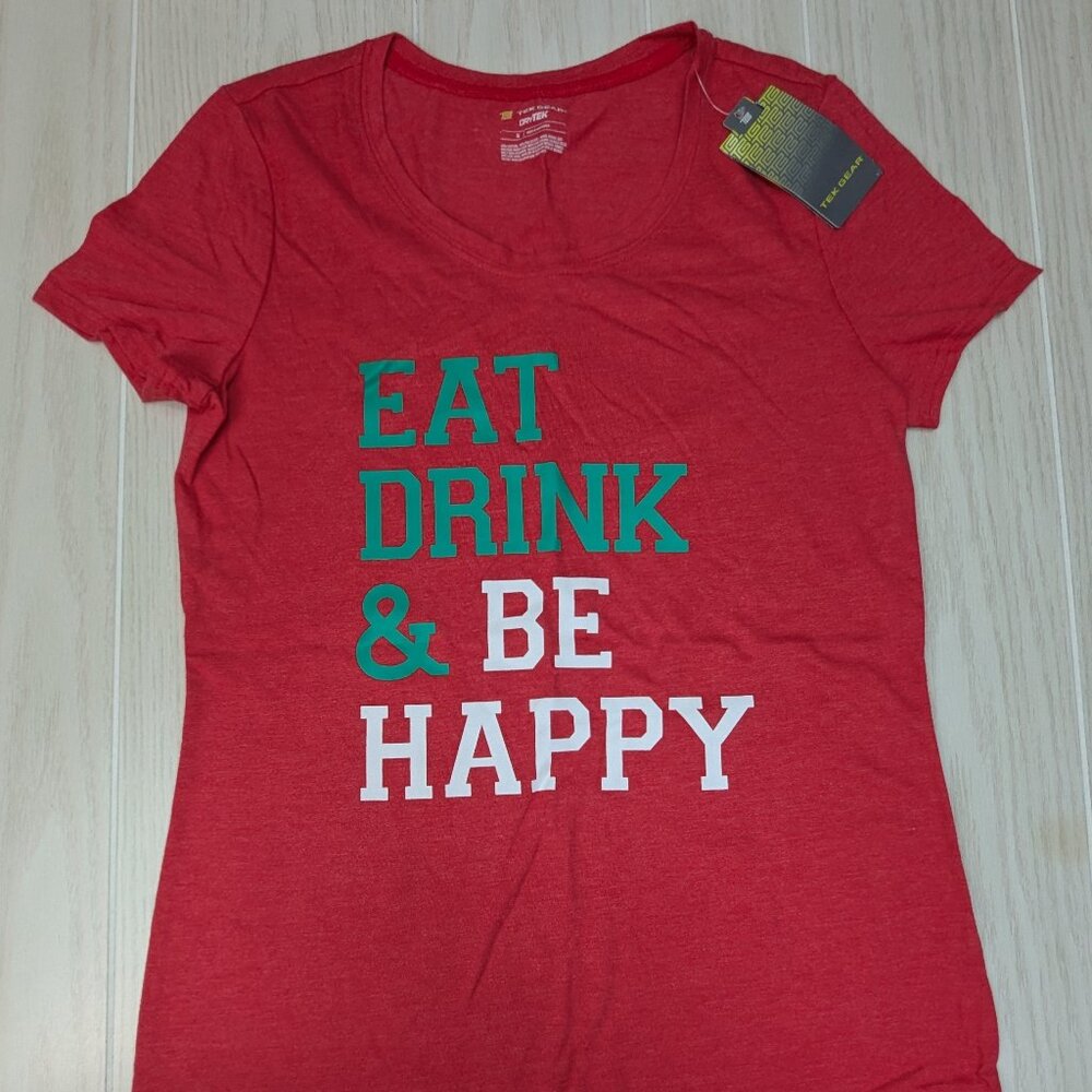 Tek Gear Women's Red T shirt Small Eat Drink‎ Be Happy New Christmas Holiday